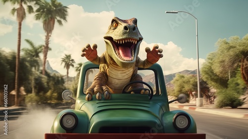 Dinosaur cartoon character,T-Rex Riding a car © akhmad