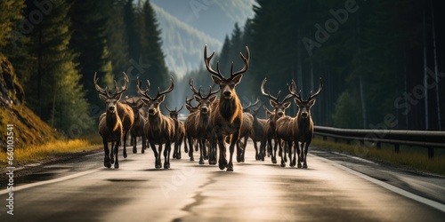  There are lot of elk on the road. Conservation of wild animals. Safe driving. Generative AI © 22_monkeyzzz