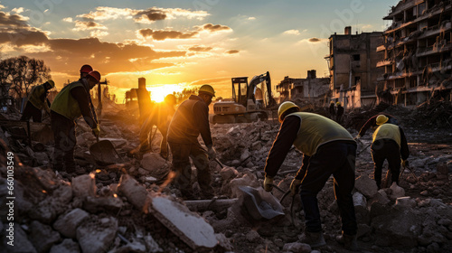 Workers cleaning up rubble of a city or town devastated by war