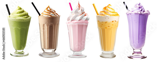 Milkshake Smoothie in cup on transparent background cutout, PNG file. Many assorted different flavour Mockup template for artwork design.  