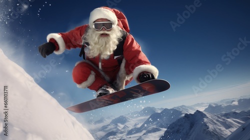 A man in a Santa Claus costume does a snowboard trick as part of a festive display of winter fun