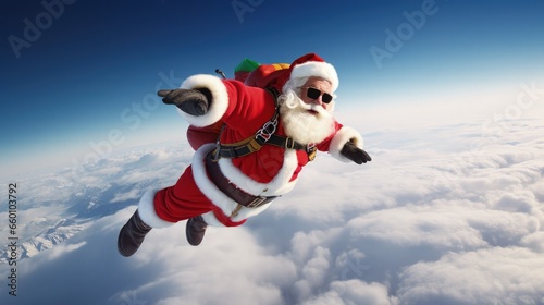 A man dressed as Santa Claus flying above the clouds with gifts on his back