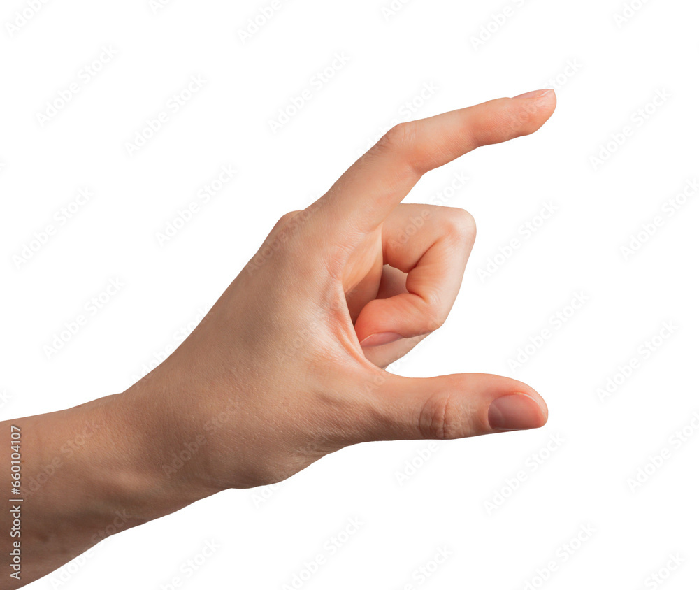 Hand, fingers showing, measuring something, isolated on white Hand, fingers showing, measuring something, isolated on white