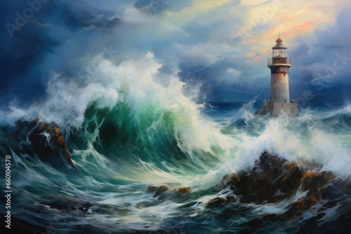 Dramatic Ocean Clash with Lighthouse
