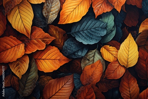 Multi-colored colorful pile of fallen leaves on the ground in the autumn forest