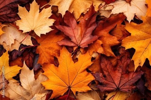 Multi-colored colorful pile of fallen leaves on the ground in the autumn forest