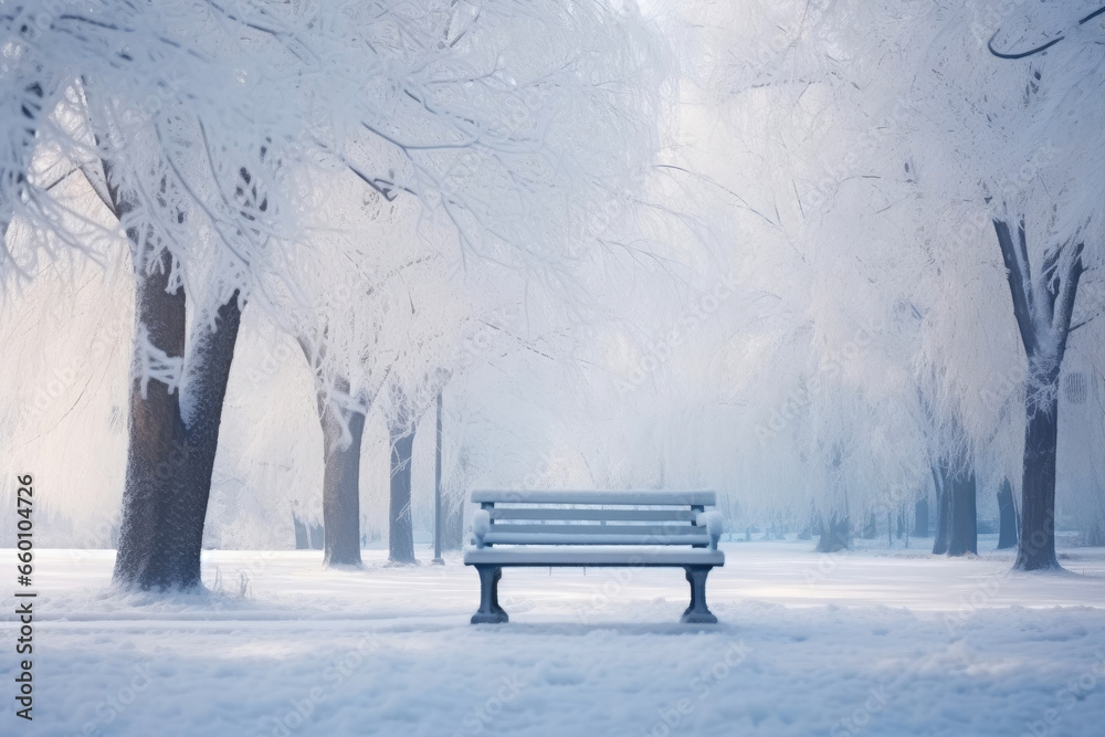 Tranquil Snowscape: Bench Under Winter Trees