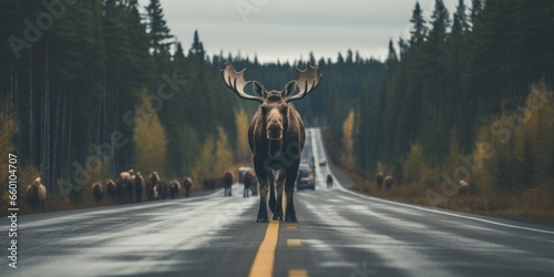  Moose cross the road. Conservation wild animals. Safe driving. Generative AI © 22_monkeyzzz