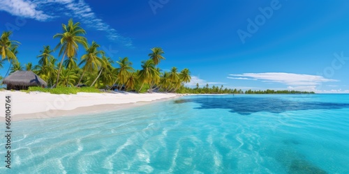 tropical island with white sandy beach and sea. Generative AI © 22_monkeyzzz