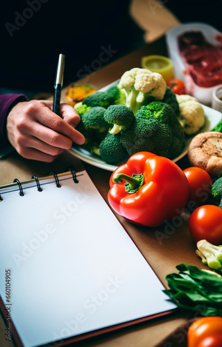 A man writes a meal plan with vegetables. Generative AI.