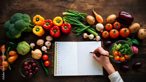 A man writes a meal plan with vegetables. Generative AI.