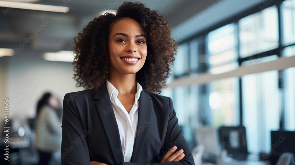 Smiling african american woman in suit as corporate executive, equality at work Smiling african american woman in suit as corporate executive, equality at work