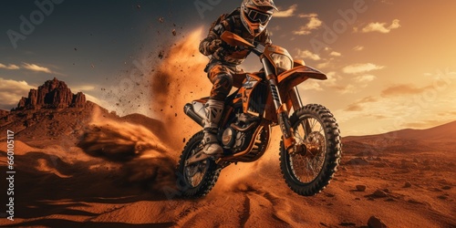 Extreme motorcycle riding. Racer in the sandy desert. Generative AI photo