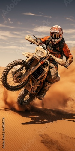 Vertical shot of a racer on a motorcycle in the sandy desert. Generative AI