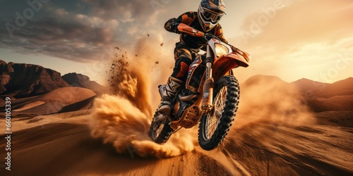 A motorcycle racer rides along a sandy road in the desert. Generative AI © 22_monkeyzzz