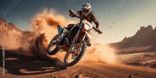 A motorcycle racer rides along a sandy road in the desert. Generative AI photo