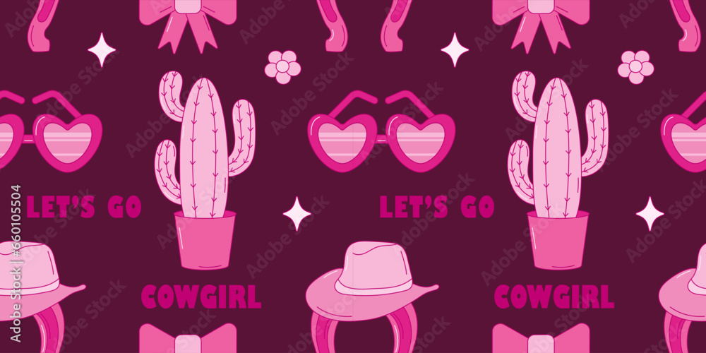 Pink cowgirl seamless pattern. Set of wild west pattern in pink color. Retro pink pattern with hat, flower, heart, revolver, glasses, horseshoe, guitar, lips, rainbow, bow, boots