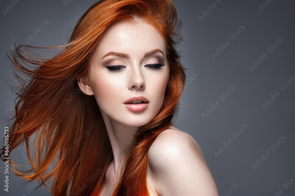 Beautiful woman with apricot hair fly up from the wind. Pretty woman with make up and clean skin and long curly shiny red ginger hair. Close-up portrait on gray background