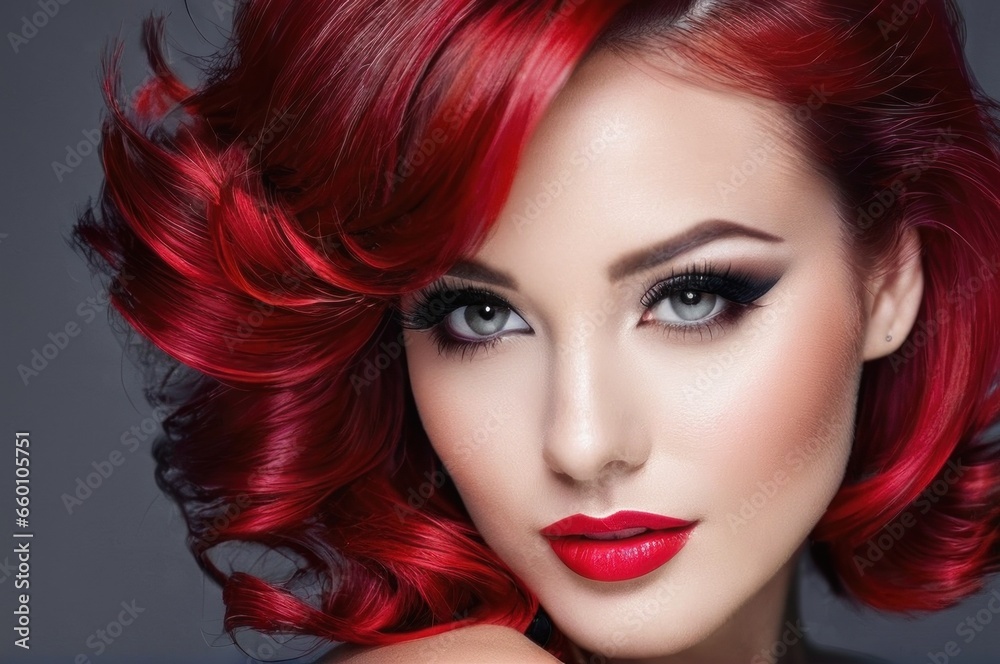 Beautiful woman with ruby hairs fly up from the wind. Pretty woman with make up, clean skin and long curly shiny red ginger hair. Close-up portrait on gray background Beautiful woman with ruby hairs fly up from the wind. Pretty woman with make up, clean skin and long curly shiny red ginger hair. Close-up portrait on gray background