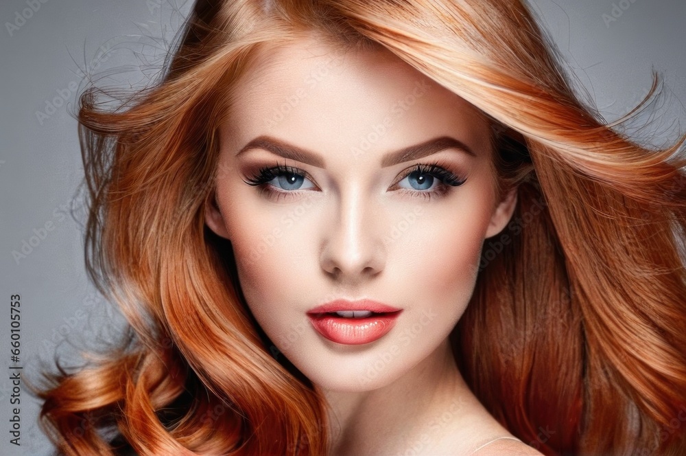 Beautiful woman with strawberry blond hair fly up from the wind. Pretty woman with make up and clean skin and long curly shiny red ginger hair. Close-up portrait on gray background Beautiful woman with strawberry blond hair fly up from the wind. Pretty woman with make up and clean skin and long curly shiny red ginger hair. Close-up portrait on gray background