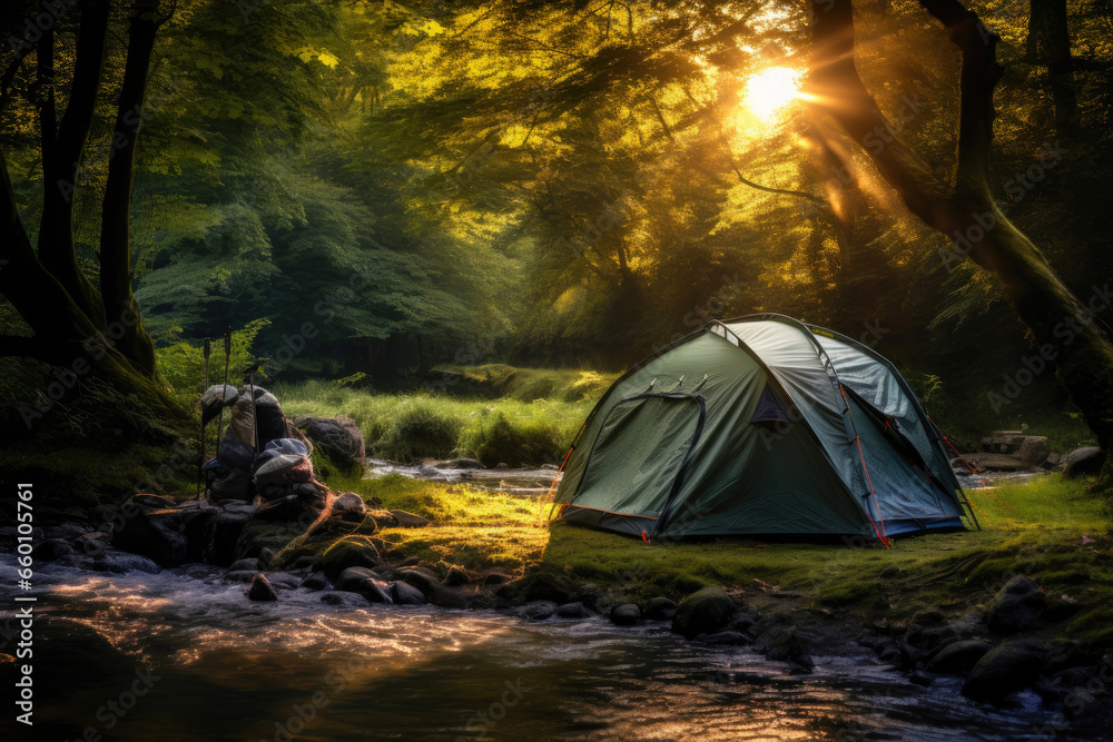 Enchanting Forest Escape: Camping Tent Along the River