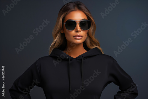 Elegant Woman in Designer Shades and Stylish Black Hoodie