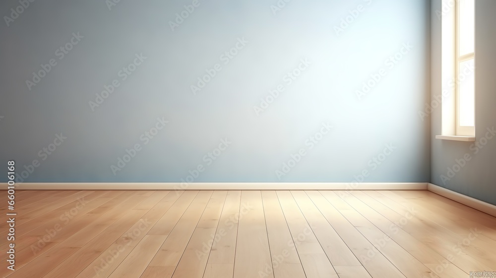 Light Blue Serenity: Interior Background with Glare on Empty Wall and Wooden Floor, Product Presentation, Background Light Blue Serenity: Interior Background with Glare on Empty Wall and Wooden Floor, Product Presentation, Background