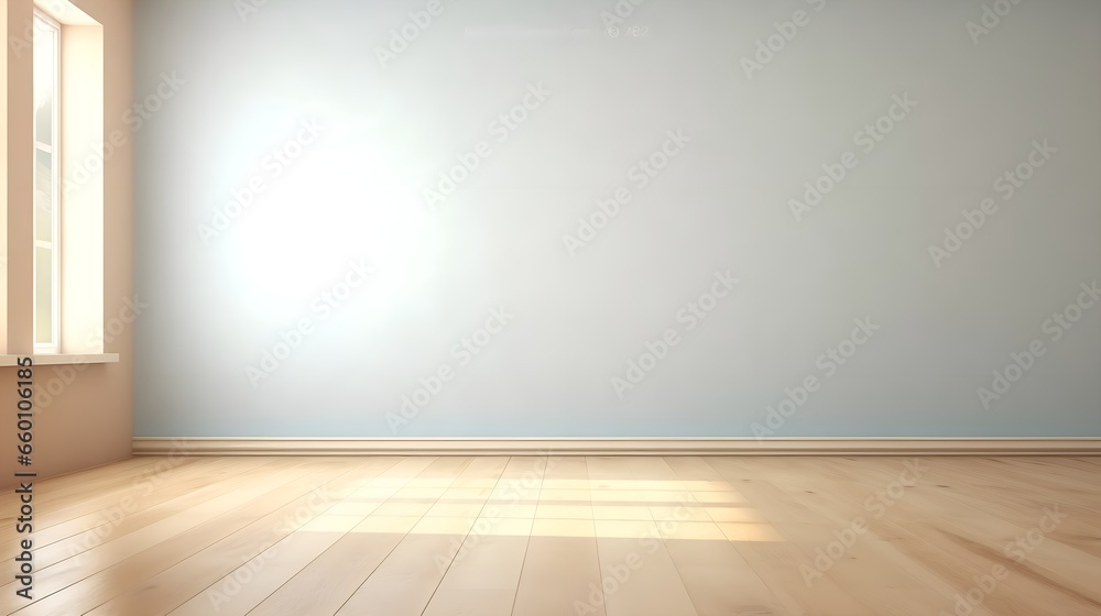 Light Blue Serenity: Interior Background with Glare on Empty Wall and Wooden Floor, Product Presentation, Background Light Blue Serenity: Interior Background with Glare on Empty Wall and Wooden Floor, Product Presentation, Background