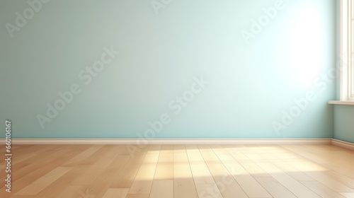 Light Blue Serenity: Interior Background with Glare on Empty Wall and Wooden Floor, Product Presentation, Background