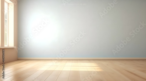 Light Blue Serenity: Interior Background with Glare on Empty Wall and Wooden Floor, Product Presentation, Background