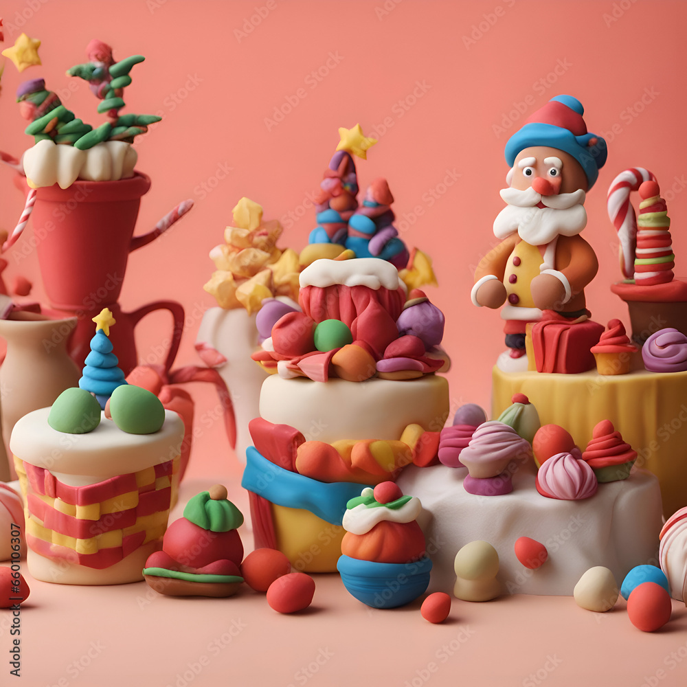 Merry Christmas and Happy New Year concept. Decorated with colorful candies and Santa Claus