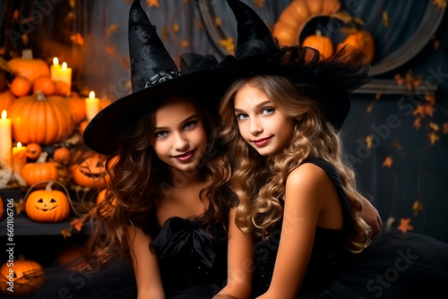 Happy children on Halloween. Happy young girls at a Halloween pumpkin party, dressed as witches