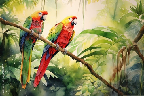 watercolor painting style illustration of two parrot birds in jungle nature background, Generative Ai