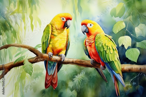 watercolor painting style illustration of two parrot birds in jungle nature background, Generative Ai
