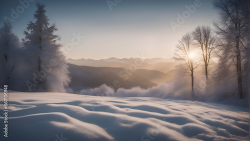 Winter landscape with snow covered trees and mountains in the fog. Sunset