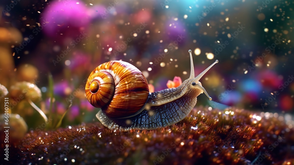 Iridescent snail forest glitter concept art macro photography illustration picture AI generated art