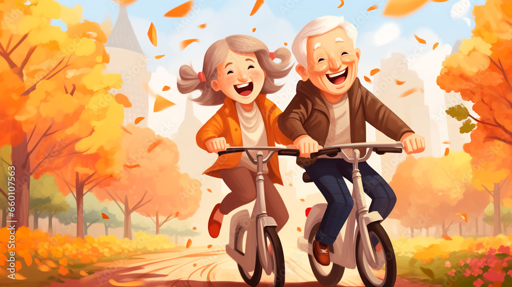 Old people riding a bicycle together in the park. Generative AI. Old people riding a bicycle together in the park. Generative AI.