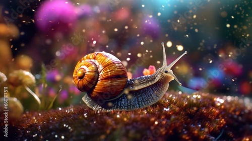 Iridescent snail forest glitter concept art macro photography illustration picture AI generated art