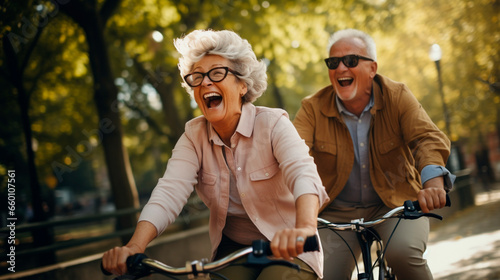 Old people riding a bicycle together in the park. Generative AI. © Erik