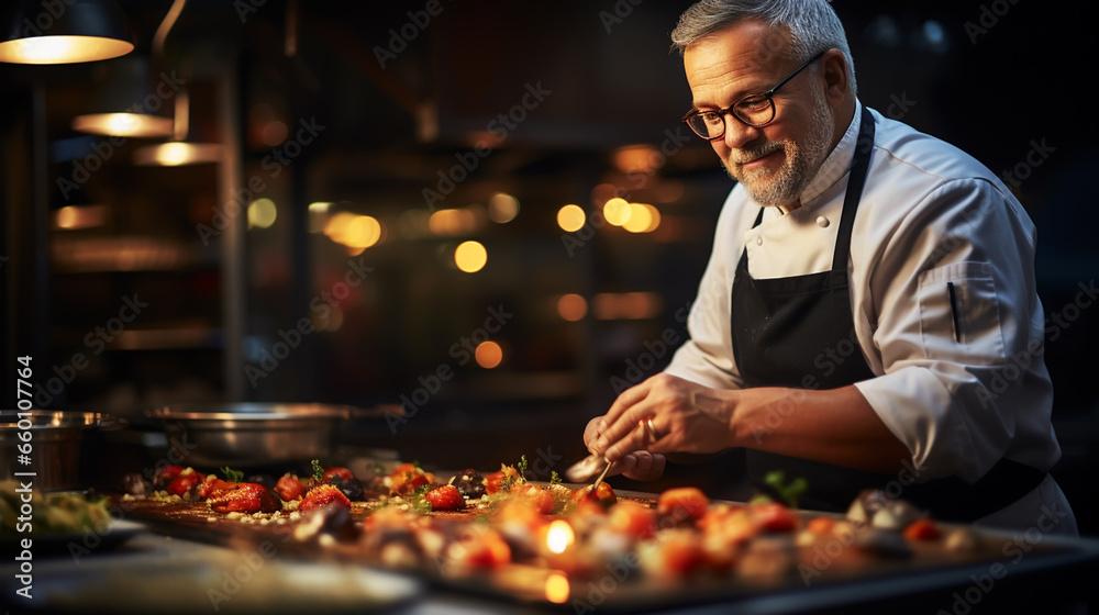 Professional cook in uniform add some spices to dish, decorating delicious meal for guests in hotel restaurant. food, cooking concept
