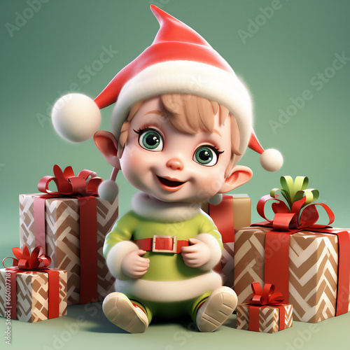 Cute adorable happy santa claus elf baby character smiling with the Christmas gifts and treats. Generative AI