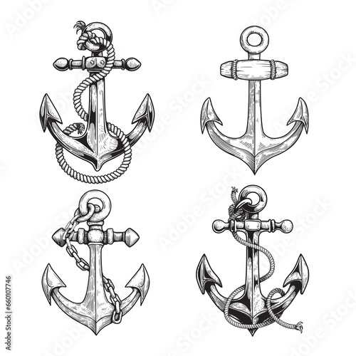 Sea anchor with rope and chains set. Ship equipment in sketch hand drawn style. Best for tattoo, emblem, logo. Vector illustration on white.
