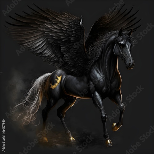 black horse with leathery wings wings like a bat flying through the night sky strong evil golden glowing eyes elegant vampire horse 
