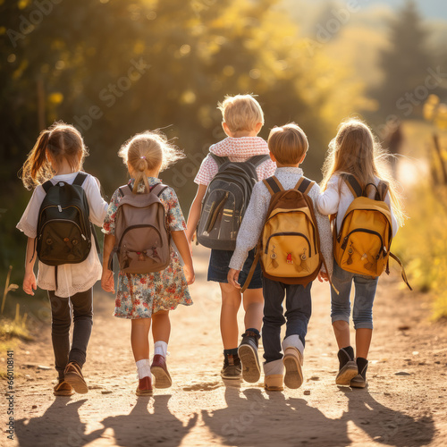 Group of young children walking together in friendship, embodying the back-to-school concept on their first day of school