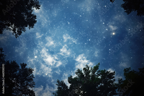 Looking Up at Starry Night Sky Through Canopy Trees, Generative AI