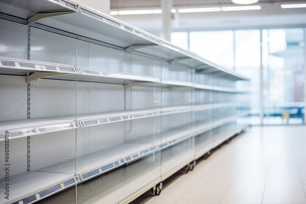 Empty shelves in grocery store. Supermarket with empty shelves after panic shopping during crisis, pandemic, war, nature cataclysm. Bankruptcy, store closure, supply disruption, bad weather conditions Empty shelves in grocery store. Supermarket with empty shelves after panic shopping during crisis, pandemic, war, nature cataclysm. Bankruptcy, store closure, supply disruption, bad weather conditions
