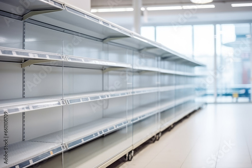 Empty shelves in grocery store. Supermarket with empty shelves after panic shopping during crisis, pandemic, war, nature cataclysm. Bankruptcy, store closure, supply disruption, bad weather conditions