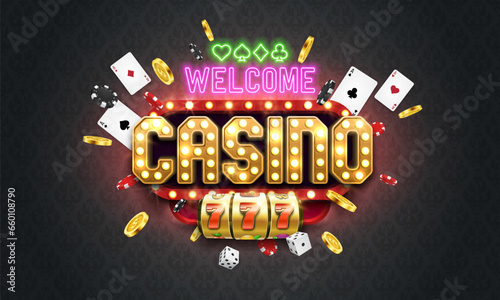Shining sign Casino with playing cards, coins, chips, dice and slot machine. Vector illustration.