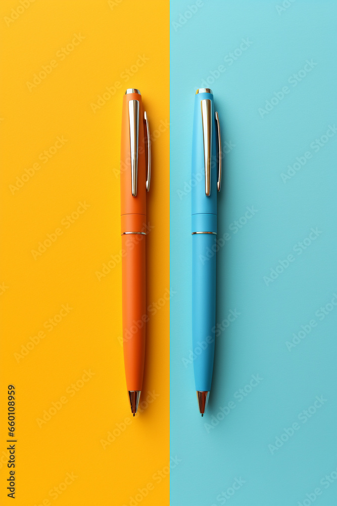 colorful arrangement of ballpoint pens on colored background - obrazy, fototapety, plakaty 