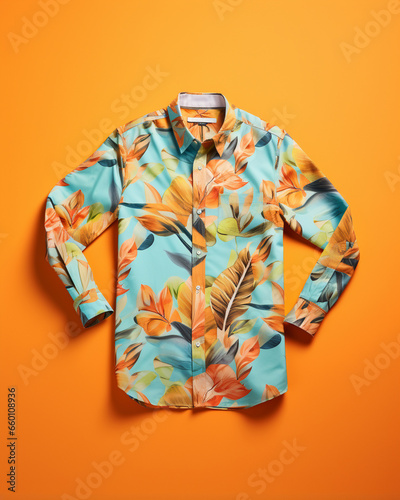 colorful print shirt: orange tropical flowers on cyan shirt, orange background